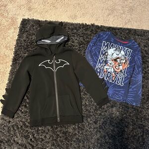 Boys Batman hoodie and marvel shirt bundle
